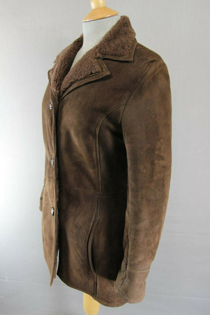 SUPERB QUALITY VINTAGE 1970's DARK BROWN SUEDE LEATHER SHEEPSKIN LINED COAT 34IN