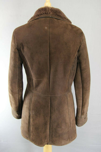 SUPERB QUALITY VINTAGE 1970's DARK BROWN SUEDE LEATHER SHEEPSKIN LINED COAT 34IN