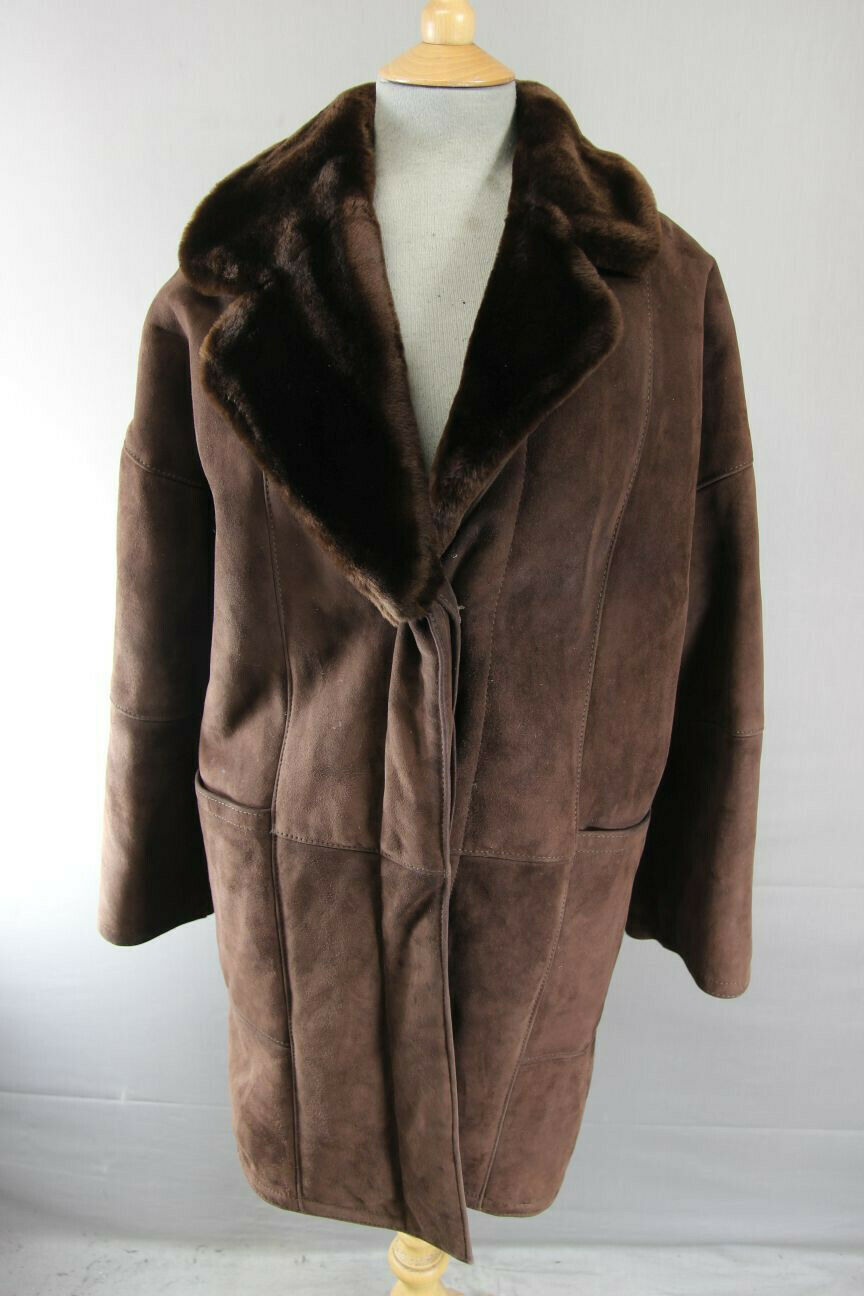 CLASSIC VINTAGE 70's DARK BROWN SUEDE LEATHER SHEEPSKIN LINED COAT 34 INCH/86 CM