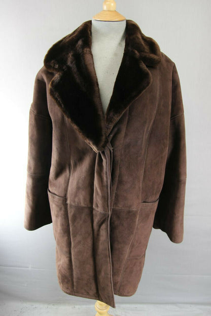 CLASSIC VINTAGE 70's DARK BROWN SUEDE LEATHER SHEEPSKIN LINED COAT 34 INCH/86 CM