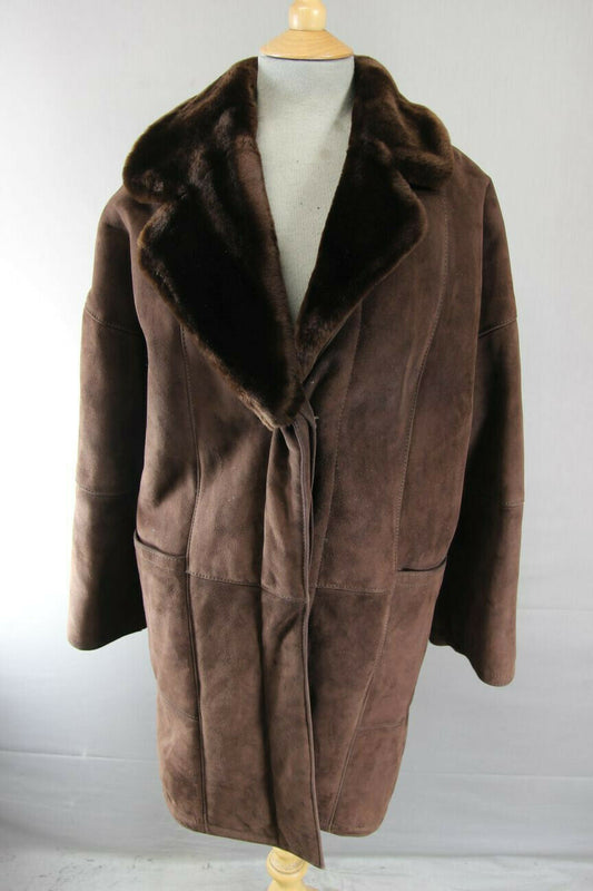 CLASSIC VINTAGE 70's DARK BROWN SUEDE LEATHER SHEEPSKIN LINED COAT 34 INCH/86 CM
