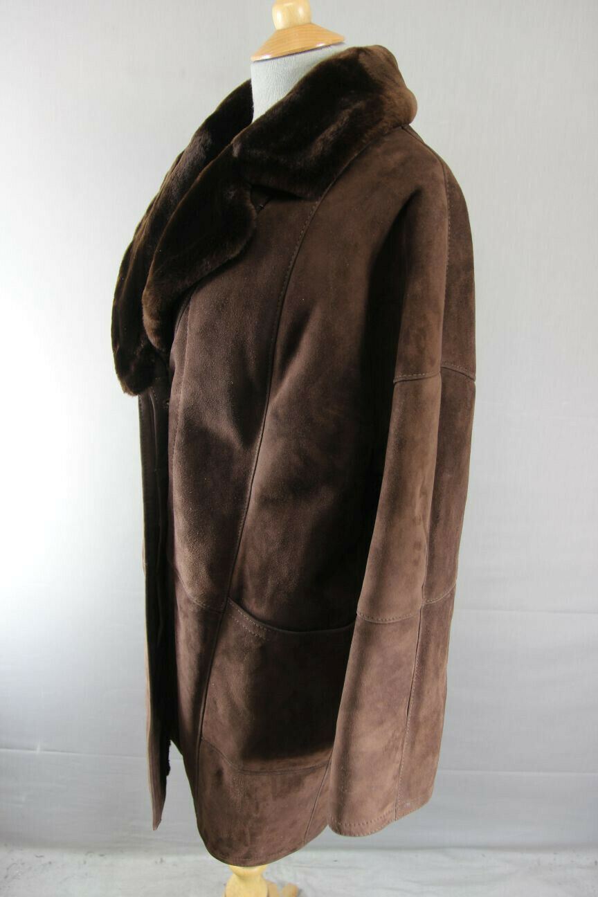 CLASSIC VINTAGE 70's DARK BROWN SUEDE LEATHER SHEEPSKIN LINED COAT 34 INCH/86 CM