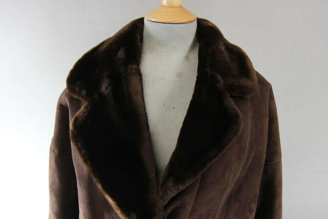 CLASSIC VINTAGE 70's DARK BROWN SUEDE LEATHER SHEEPSKIN LINED COAT 34 INCH/86 CM