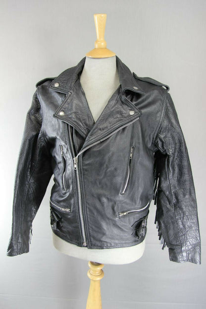 VINTAGE 70's MIRKHA PUNK ROCK CLASSIC TASSLED BLACK LEATHER BIKER JACKET 40 INCH