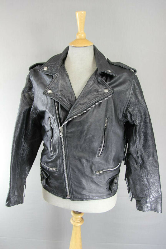 VINTAGE 70's MIRKHA PUNK ROCK CLASSIC TASSLED BLACK LEATHER BIKER JACKET 40 INCH