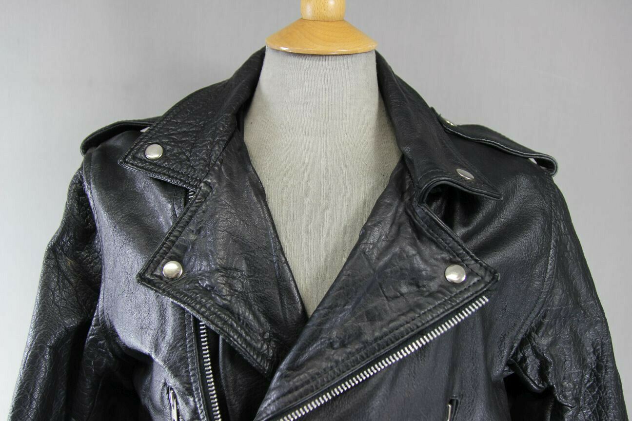 VINTAGE 70's MIRKHA PUNK ROCK CLASSIC TASSLED BLACK LEATHER BIKER JACKET 40 INCH