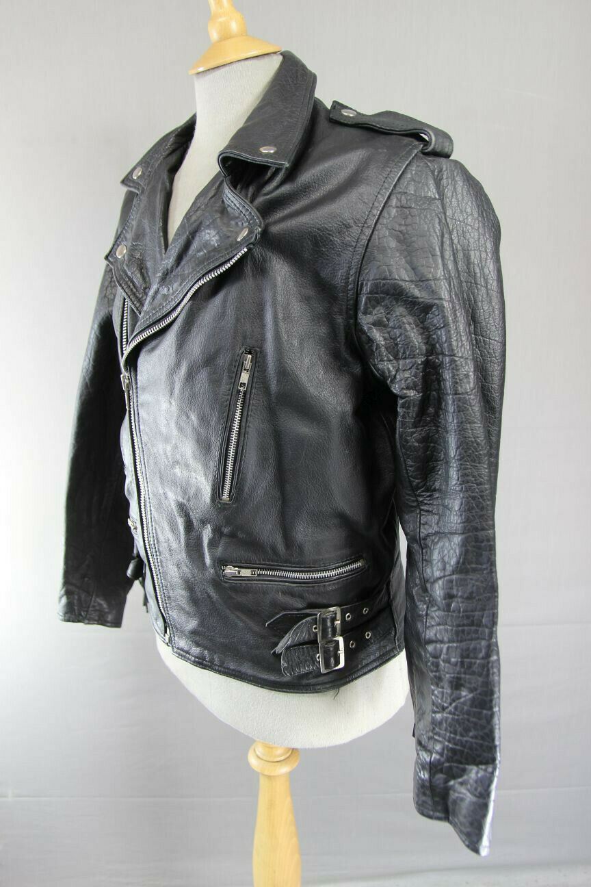 VINTAGE 70's MIRKHA PUNK ROCK CLASSIC TASSLED BLACK LEATHER BIKER JACKET 40 INCH