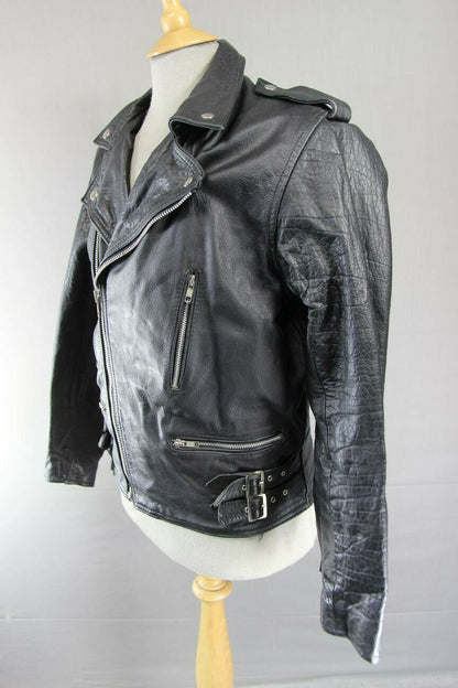 VINTAGE 70's MIRKHA PUNK ROCK CLASSIC TASSLED BLACK LEATHER BIKER JACKET 40 INCH