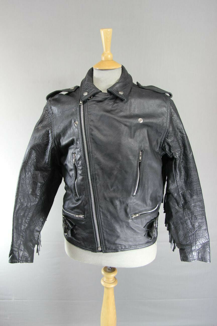 VINTAGE 70's MIRKHA PUNK ROCK CLASSIC TASSLED BLACK LEATHER BIKER JACKET 40 INCH