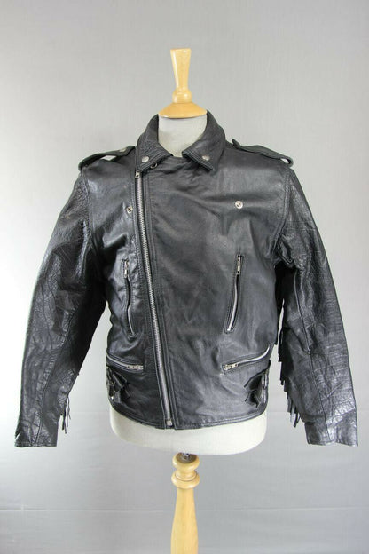 VINTAGE 70's MIRKHA PUNK ROCK CLASSIC TASSLED BLACK LEATHER BIKER JACKET 40 INCH