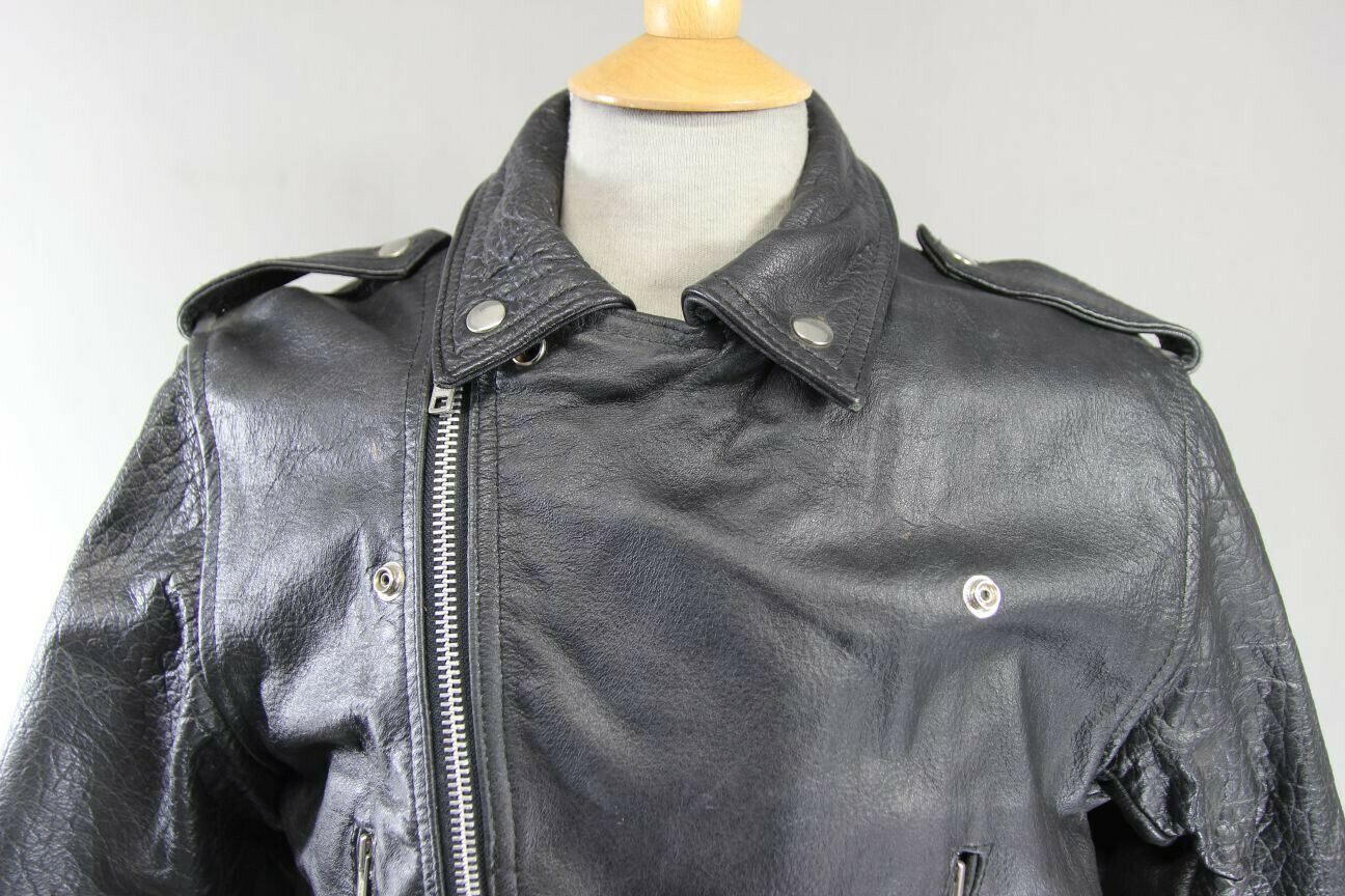 VINTAGE 70's MIRKHA PUNK ROCK CLASSIC TASSLED BLACK LEATHER BIKER JACKET 40 INCH