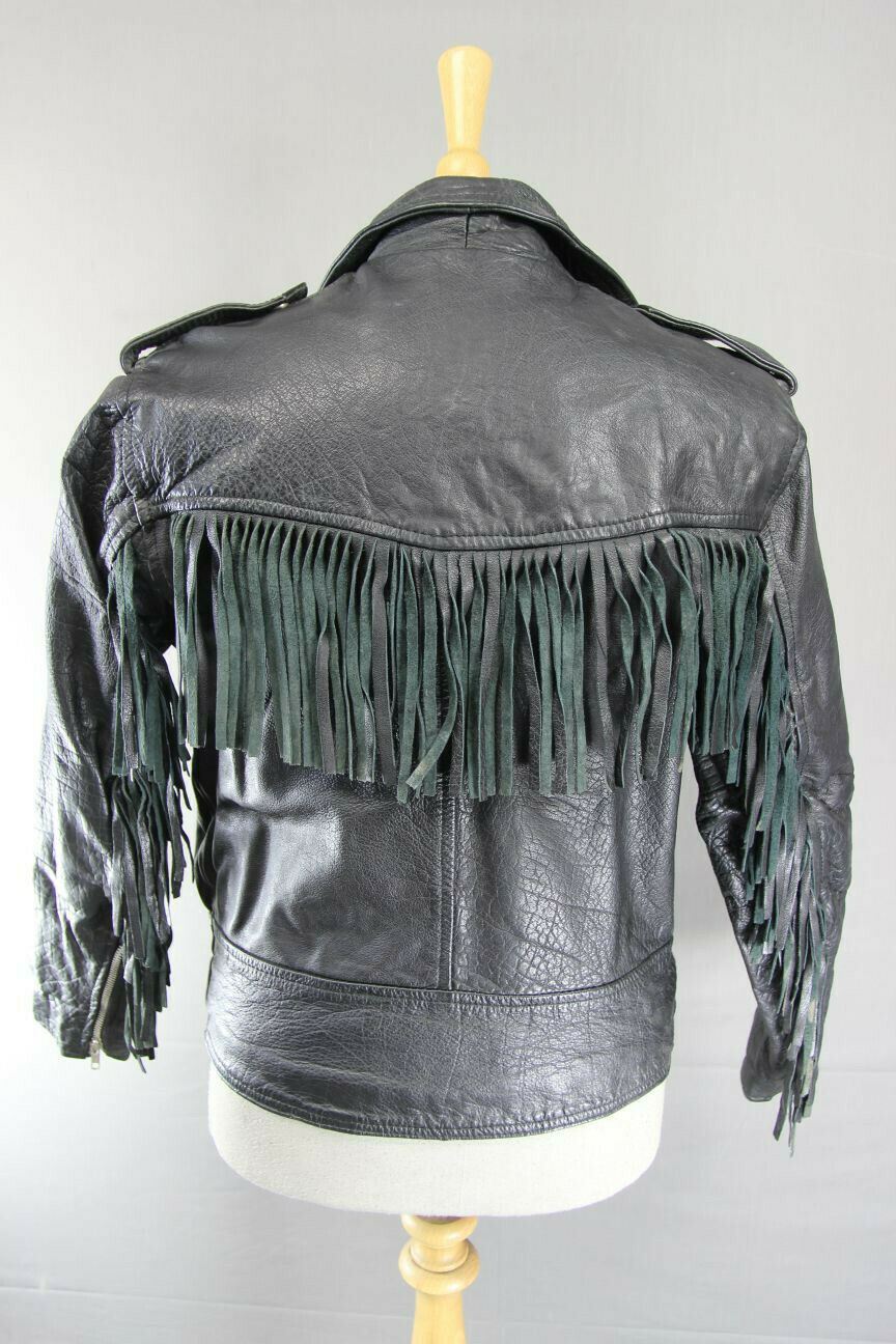 VINTAGE 70's MIRKHA PUNK ROCK CLASSIC TASSLED BLACK LEATHER BIKER JACKET 40 INCH