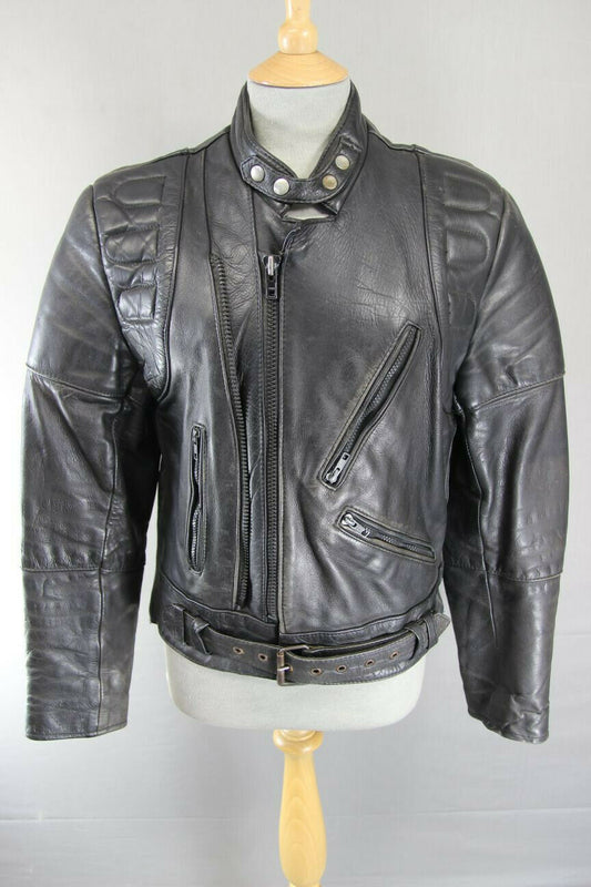 CLASSIC BLACK COWHIDE LEATHER BIKER JACKET 36 INCH/SMALL