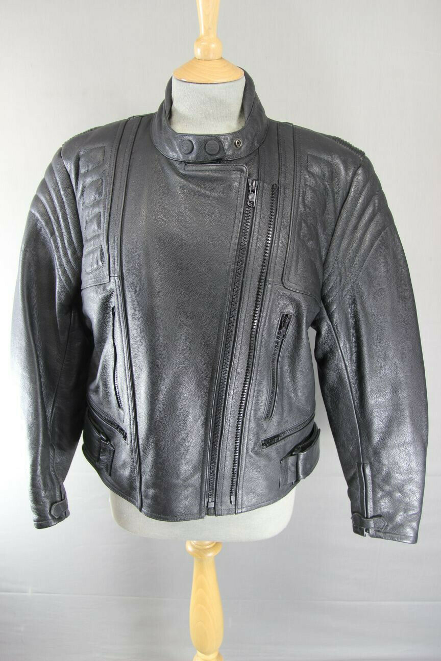 RIDER BLACK LEATHER BIKER JACKET WITH REMOVABLE BACK PROTECTOR, SIZE 16