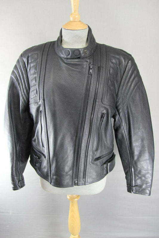 RIDER BLACK LEATHER BIKER JACKET WITH REMOVABLE BACK PROTECTOR, SIZE 16