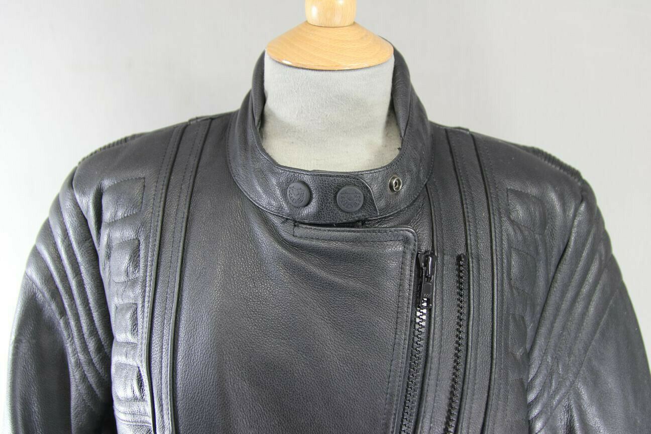 RIDER BLACK LEATHER BIKER JACKET WITH REMOVABLE BACK PROTECTOR, SIZE 16