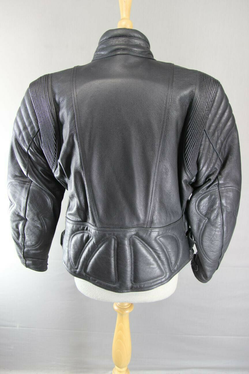 RIDER BLACK LEATHER BIKER JACKET WITH REMOVABLE BACK PROTECTOR, SIZE 16