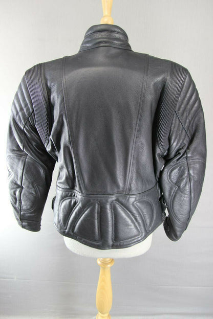 RIDER BLACK LEATHER BIKER JACKET WITH REMOVABLE BACK PROTECTOR, SIZE 16