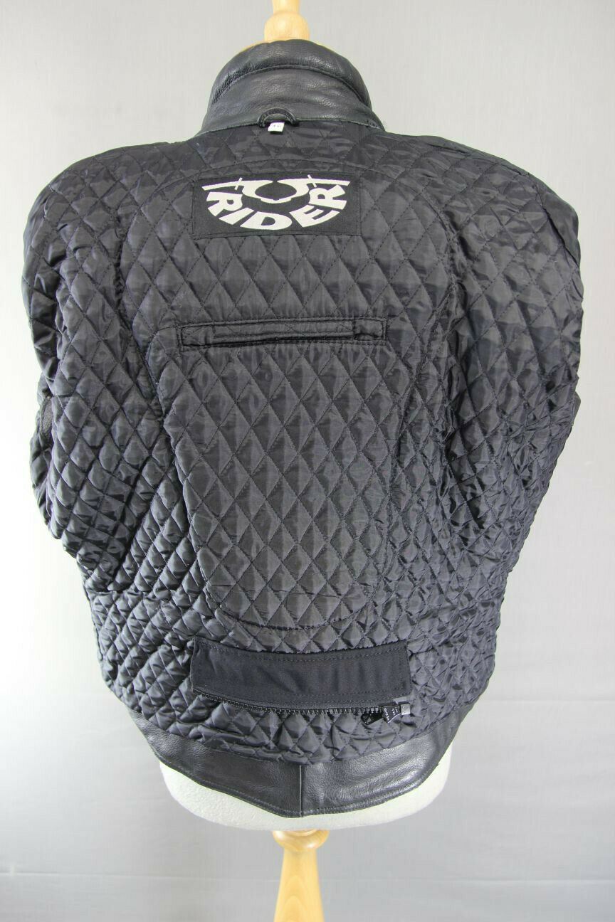 RIDER BLACK LEATHER BIKER JACKET WITH REMOVABLE BACK PROTECTOR, SIZE 16