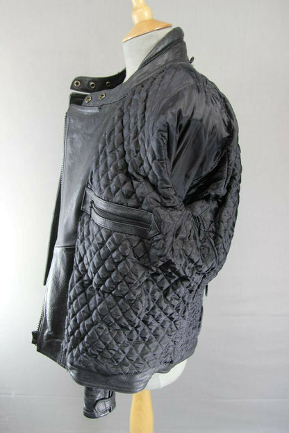 RIDER BLACK LEATHER BIKER JACKET WITH REMOVABLE BACK PROTECTOR, SIZE 16