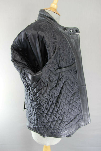 RIDER BLACK LEATHER BIKER JACKET WITH REMOVABLE BACK PROTECTOR, SIZE 16