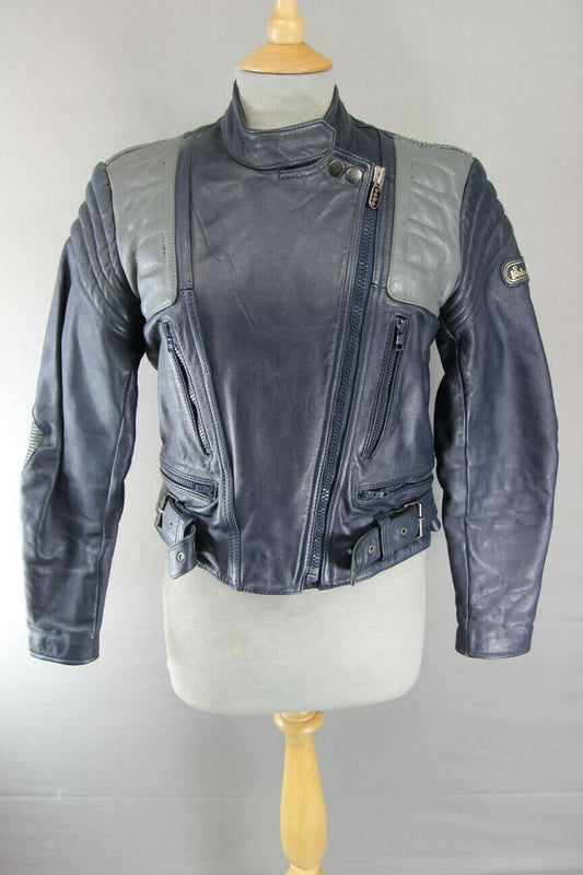 VINTAGE 1980's BRITISH MADE BOBO DARK BLUE AND GREY LEATHER BIKER JACKET SIZE 14