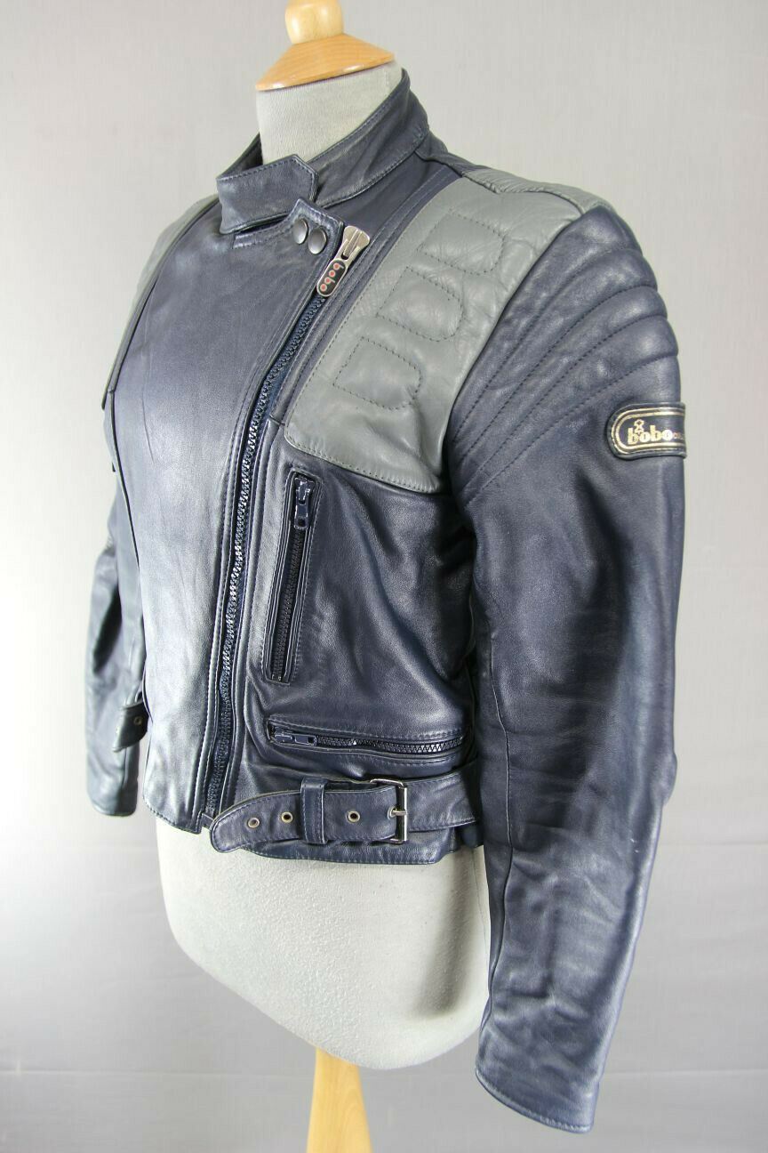VINTAGE 1980's BRITISH MADE BOBO DARK BLUE AND GREY LEATHER BIKER JACKET SIZE 14