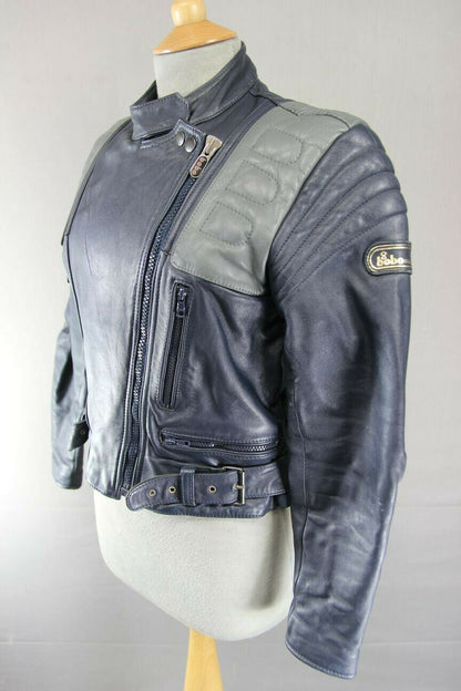 VINTAGE 1980's BRITISH MADE BOBO DARK BLUE AND GREY LEATHER BIKER JACKET SIZE 14