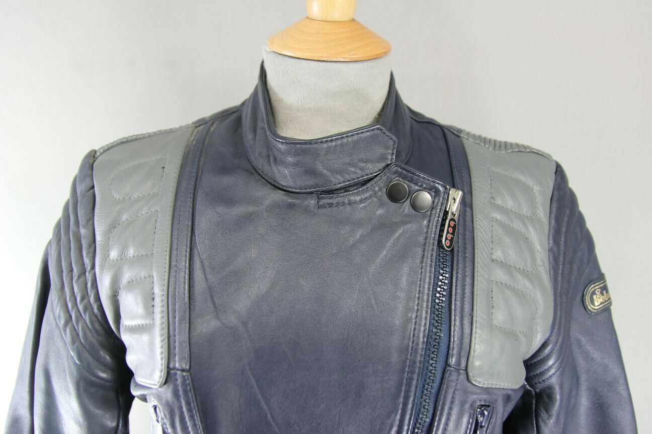 VINTAGE 1980's BRITISH MADE BOBO DARK BLUE AND GREY LEATHER BIKER JACKET SIZE 14