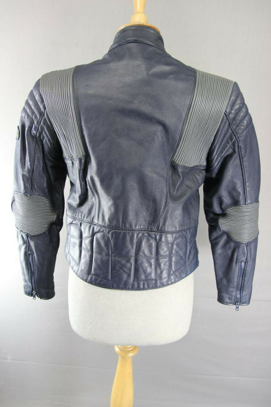 VINTAGE 1980's BRITISH MADE BOBO DARK BLUE AND GREY LEATHER BIKER JACKET SIZE 14