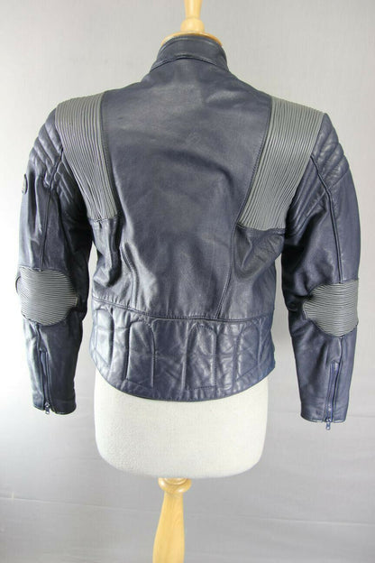 VINTAGE 1980's BRITISH MADE BOBO DARK BLUE AND GREY LEATHER BIKER JACKET SIZE 14