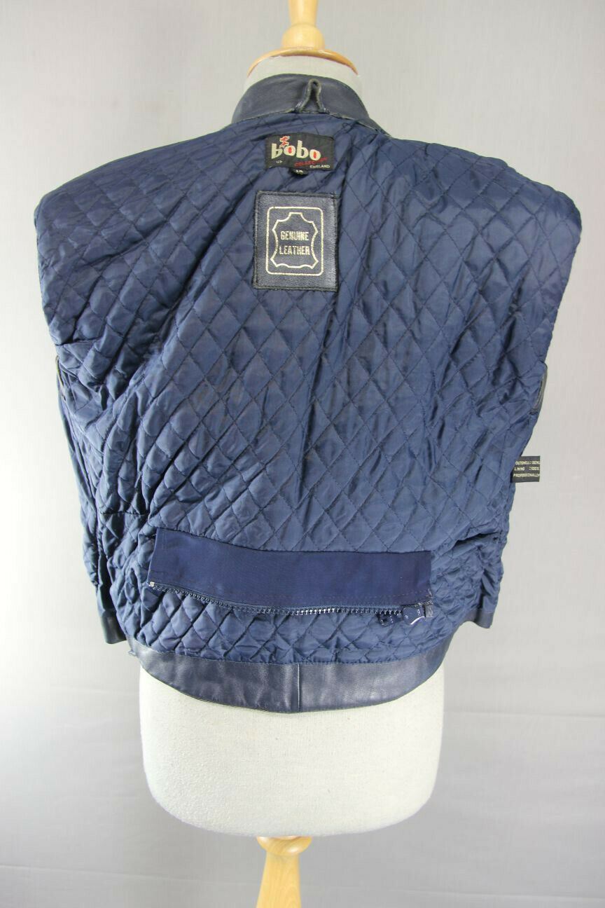 VINTAGE 1980's BRITISH MADE BOBO DARK BLUE AND GREY LEATHER BIKER JACKET SIZE 14