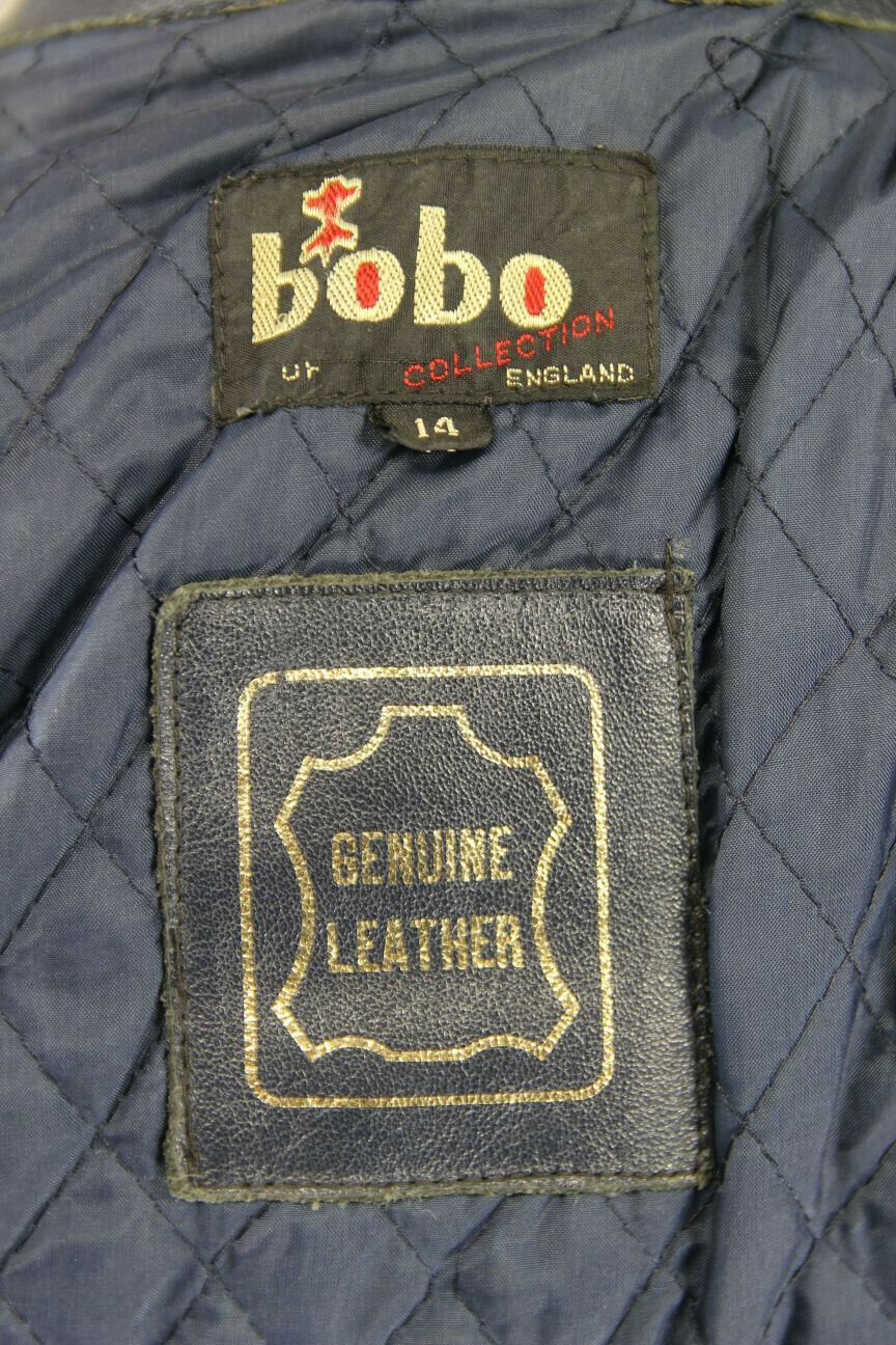 VINTAGE 1980's BRITISH MADE BOBO DARK BLUE AND GREY LEATHER BIKER JACKET SIZE 14