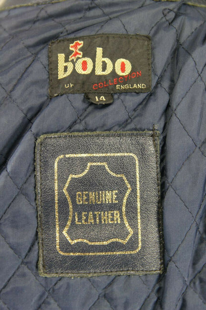 VINTAGE 1980's BRITISH MADE BOBO DARK BLUE AND GREY LEATHER BIKER JACKET SIZE 14
