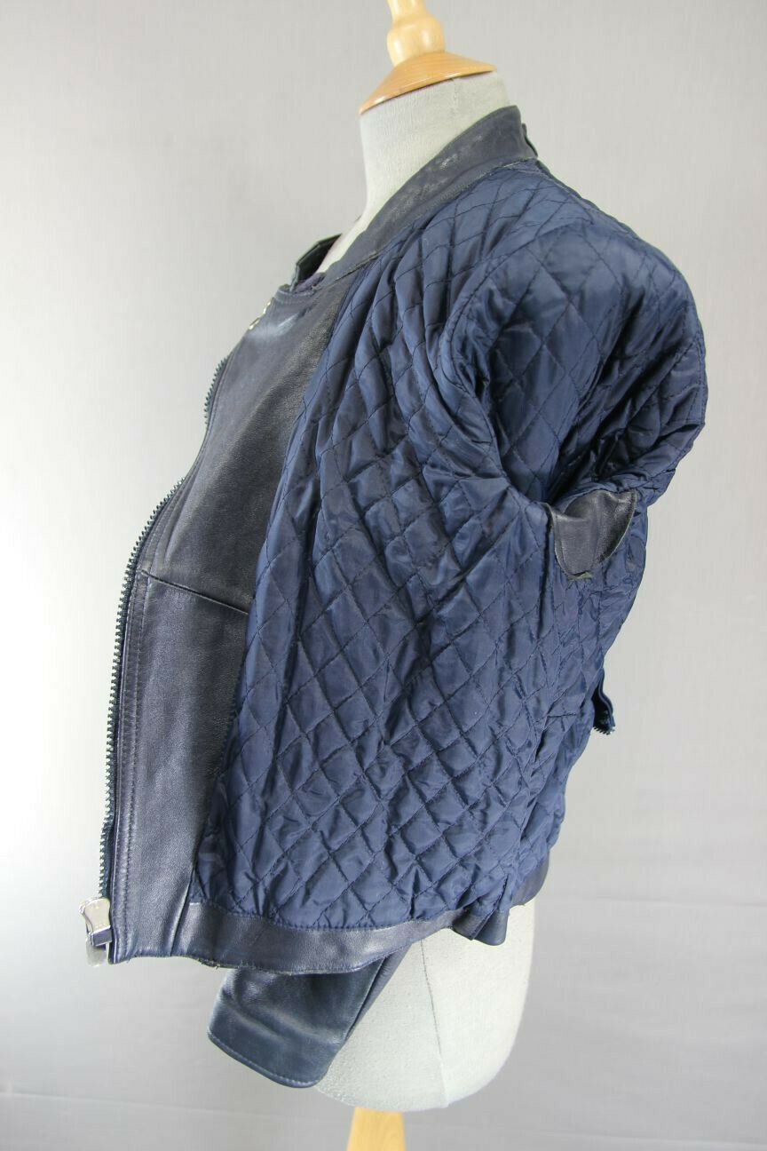 VINTAGE 1980's BRITISH MADE BOBO DARK BLUE AND GREY LEATHER BIKER JACKET SIZE 14