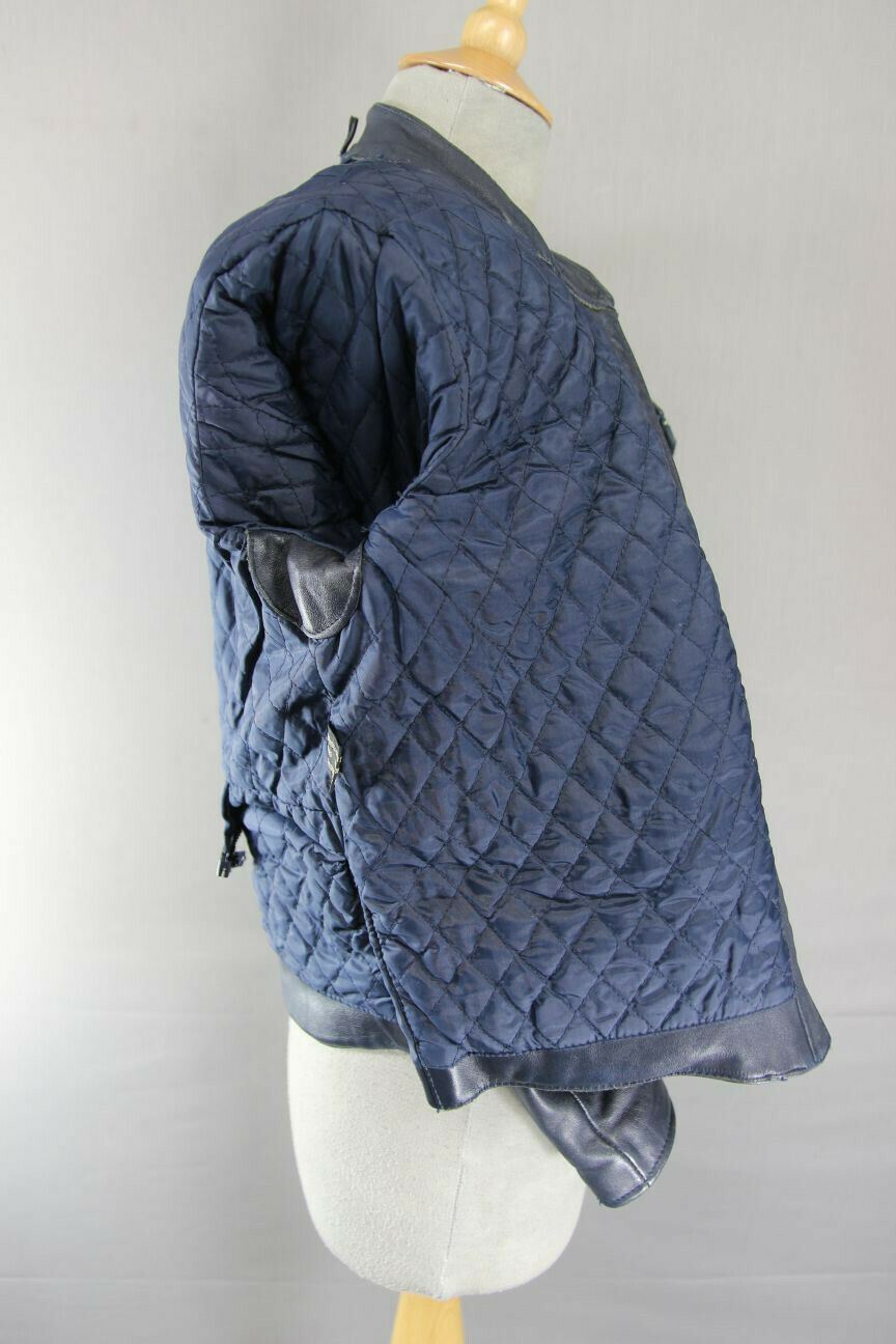 VINTAGE 1980's BRITISH MADE BOBO DARK BLUE AND GREY LEATHER BIKER JACKET SIZE 14