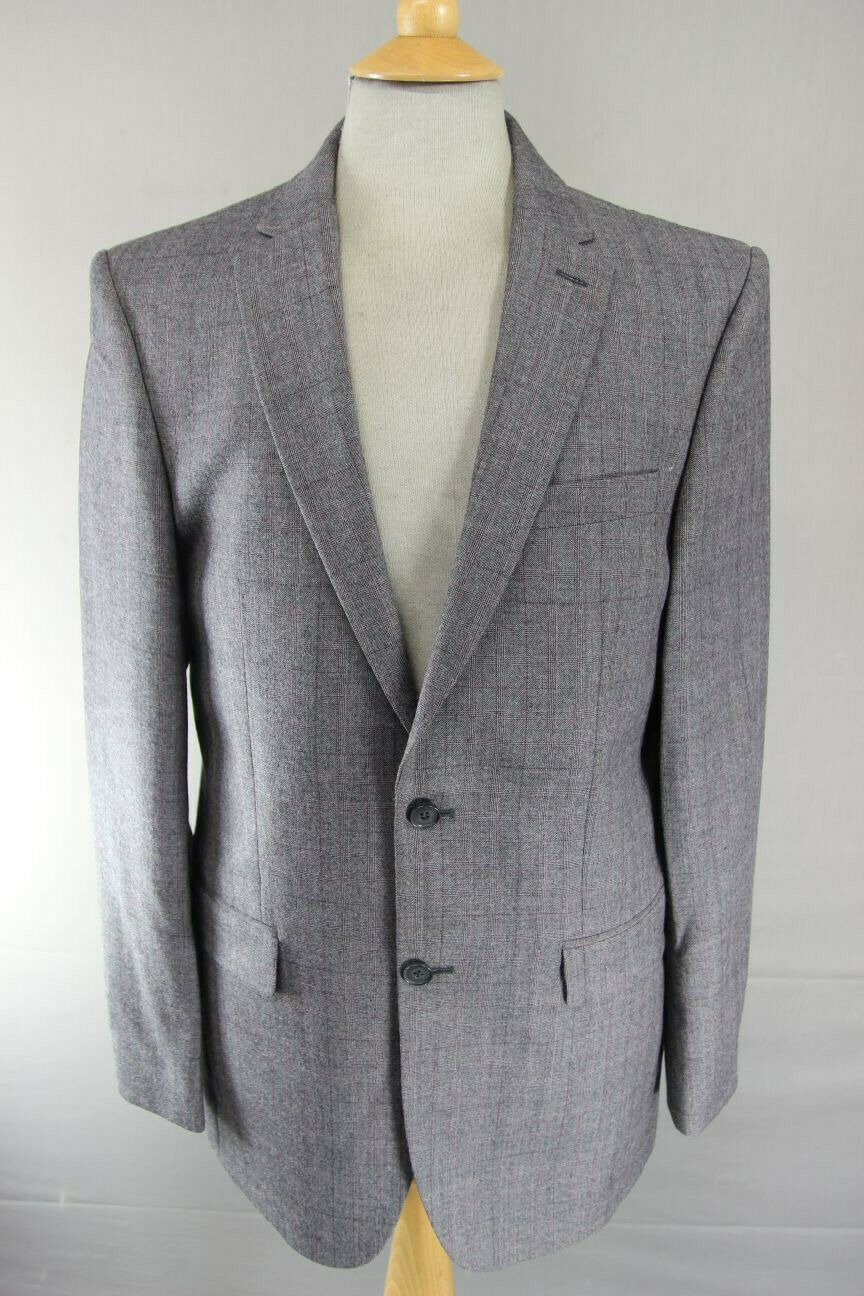 BRAND NEW WOOL RICH BLEND CHECKED GREY JACKET: 38 INCH CHEST (LONG FIT)