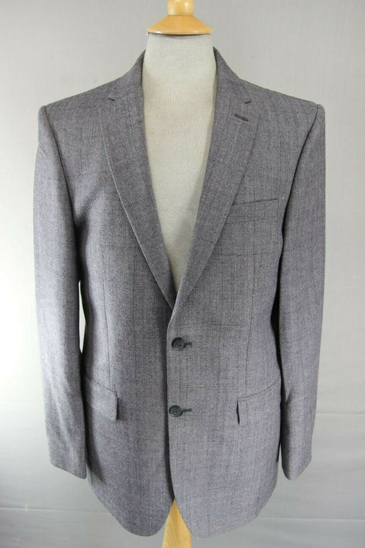 BRAND NEW WOOL RICH BLEND CHECKED GREY JACKET: 38 INCH CHEST (LONG FIT)