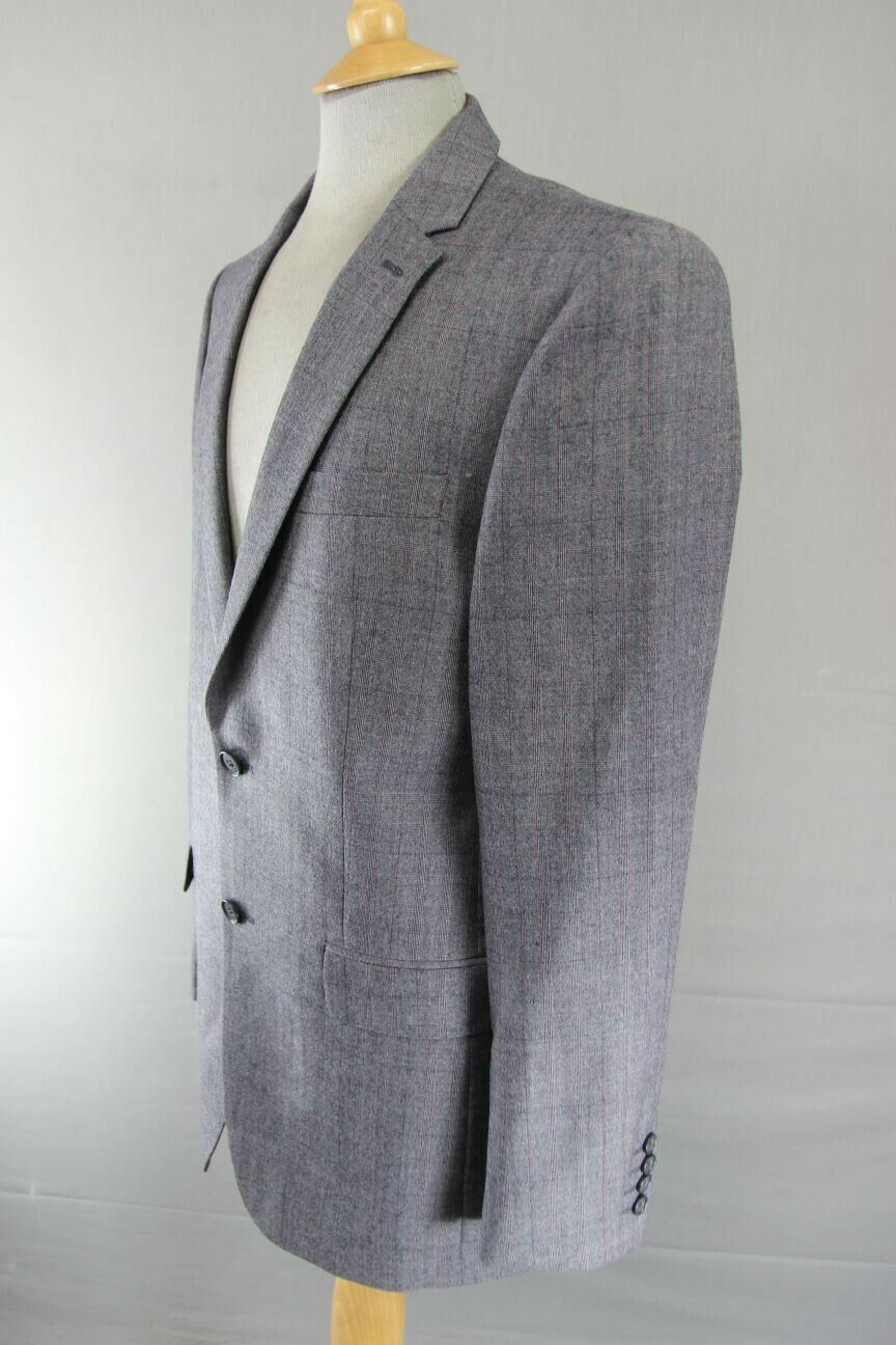 BRAND NEW WOOL RICH BLEND CHECKED GREY JACKET: 38 INCH CHEST (LONG FIT)