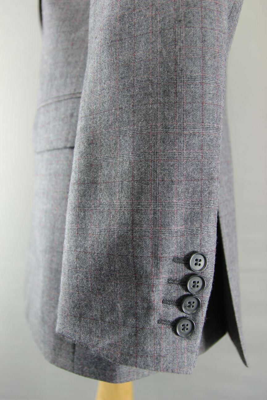 BRAND NEW WOOL RICH BLEND CHECKED GREY JACKET: 38 INCH CHEST (LONG FIT)