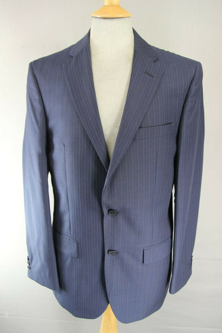 BRAND NEW WOOL BLEND DARK BLUE/NAVY PINSTRIPED JACKET: 38 INCH CHEST (LONG FIT)