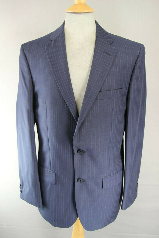 BRAND NEW WOOL BLEND DARK BLUE/NAVY PINSTRIPED JACKET: 38 INCH CHEST (LONG FIT)