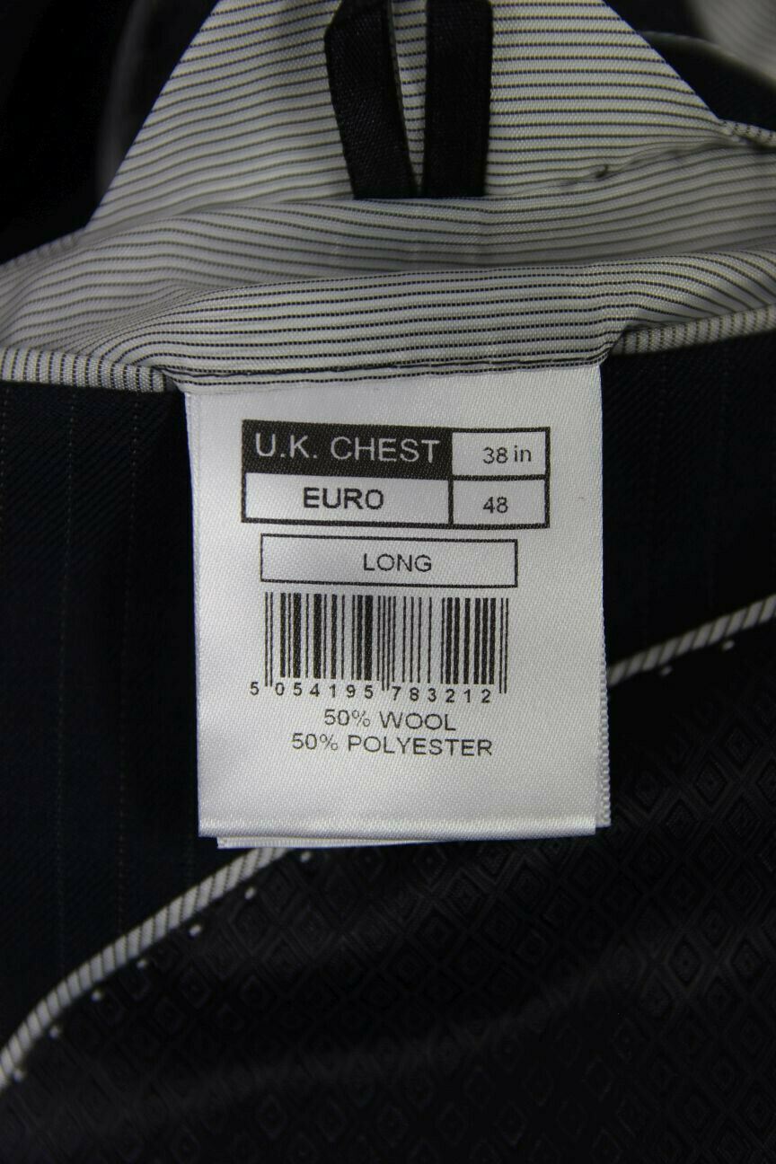 BRAND NEW WOOL BLEND DARK BLUE/NAVY PINSTRIPED JACKET: 38 INCH CHEST (LONG FIT)