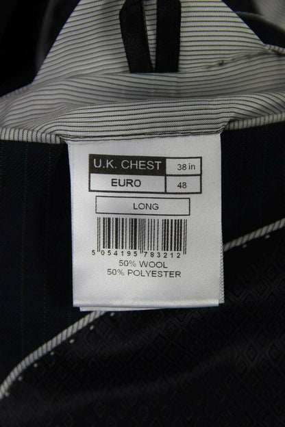 BRAND NEW WOOL BLEND DARK BLUE/NAVY PINSTRIPED JACKET: 38 INCH CHEST (LONG FIT)