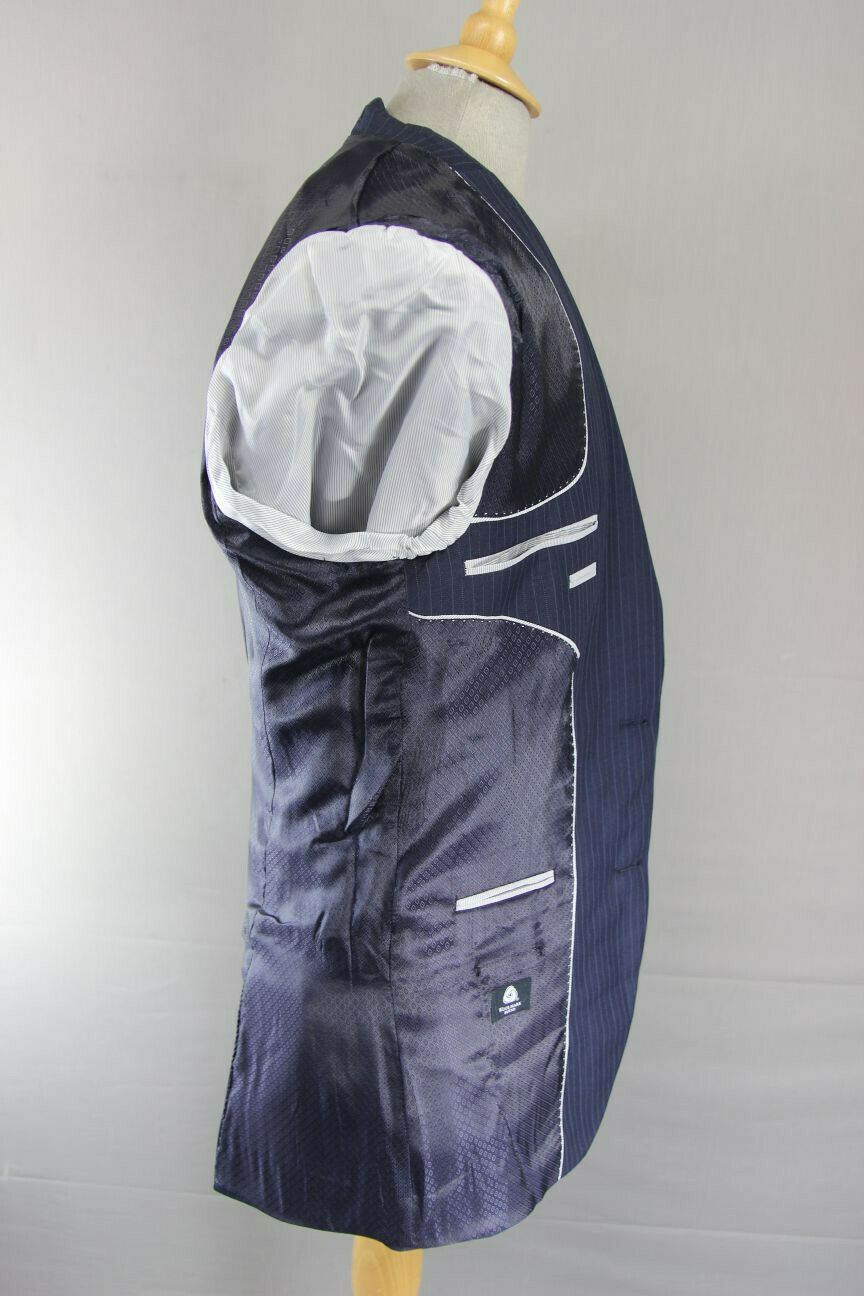 BRAND NEW WOOL BLEND DARK BLUE/NAVY PINSTRIPED JACKET: 38 INCH CHEST (LONG FIT)