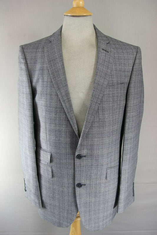 BRAND NEW WOOL RICH BLEND 3 POCKET CHECKED GREY JACKET: 38 INCH CHEST (LONG FIT)