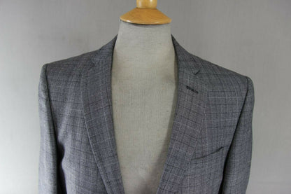 BRAND NEW WOOL RICH BLEND 3 POCKET CHECKED GREY JACKET: 38 INCH CHEST (LONG FIT)