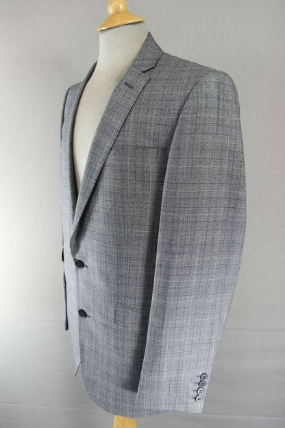 BRAND NEW WOOL RICH BLEND 3 POCKET CHECKED GREY JACKET: 38 INCH CHEST (LONG FIT)