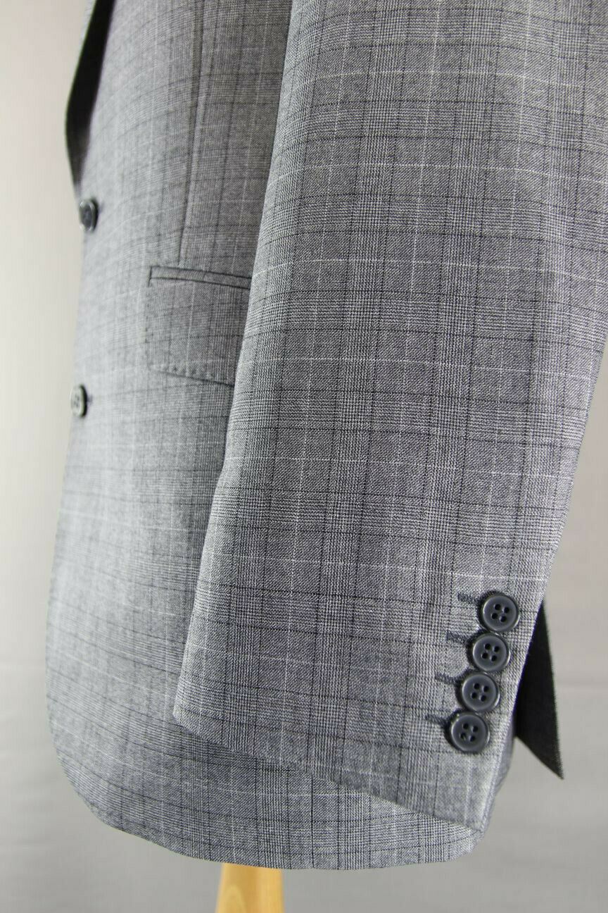 BRAND NEW WOOL RICH BLEND 3 POCKET CHECKED GREY JACKET: 38 INCH CHEST (LONG FIT)