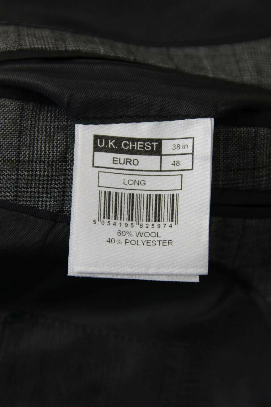 BRAND NEW WOOL RICH BLEND 3 POCKET CHECKED GREY JACKET: 38 INCH CHEST (LONG FIT)